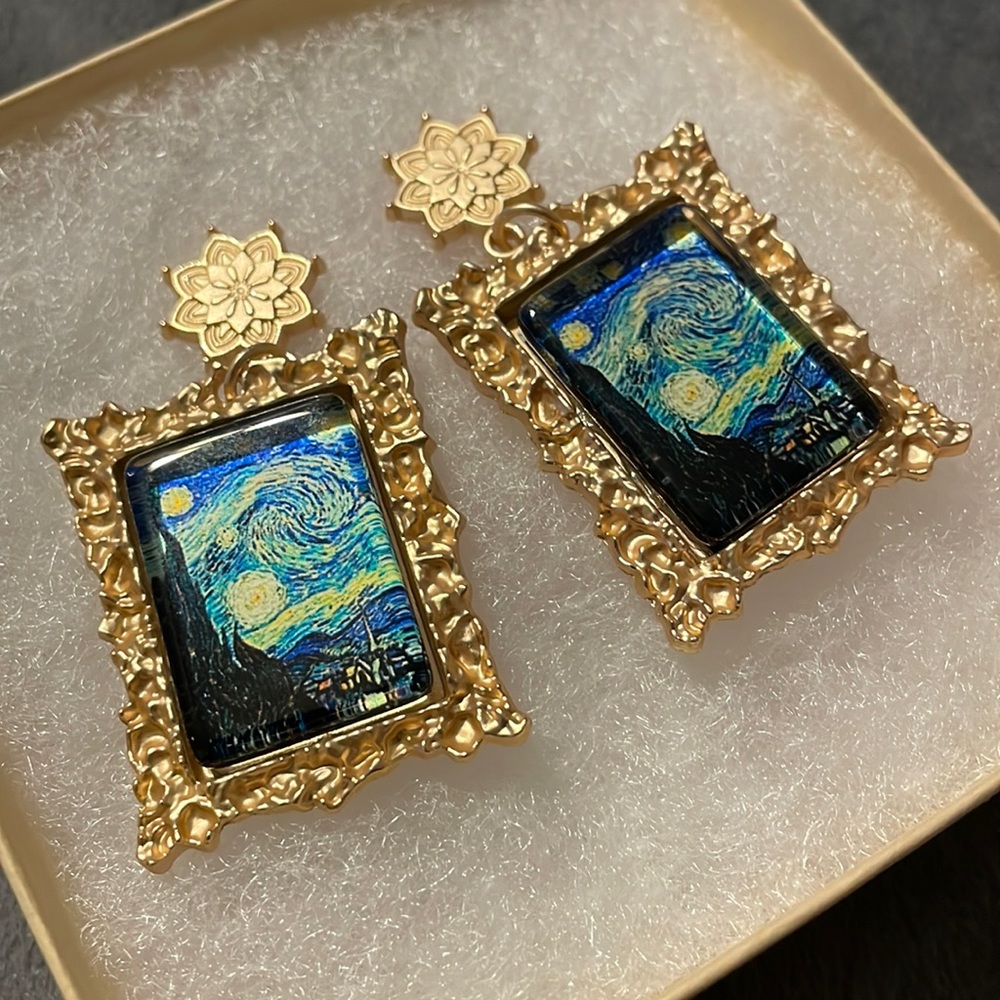 Starry Night Van Gogh Gold Framed Pierced Earrings Absolute Gorgeous!